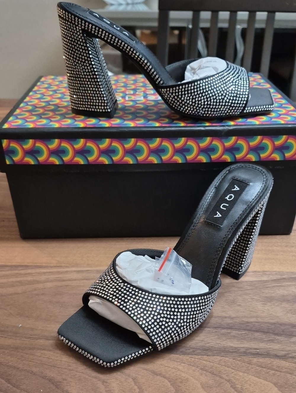 AQUA DAISY BLACK SATIN HEELED SANDALS WOMEN'S SZ 6.5 NEW